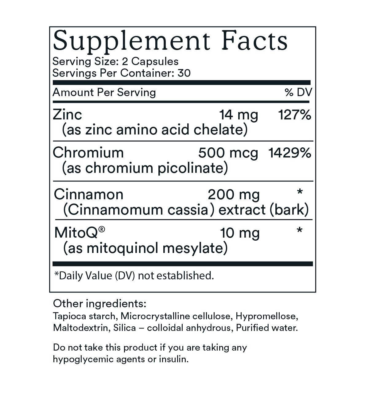 Supplement Facts label for MitoQ +blood sugar
