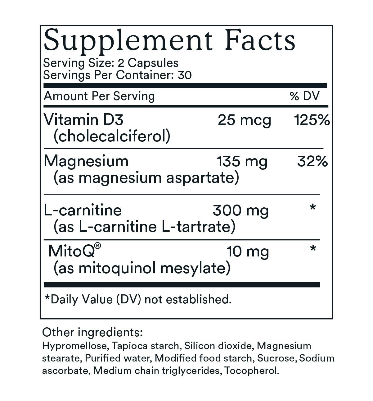 Supplement Facts label for MitoQ +heart
