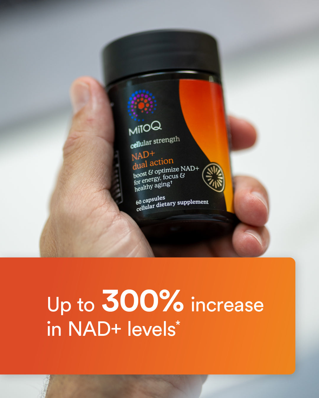 Hand holding a MitoQ supplement container with text about NAD+ levels on an orange banner.