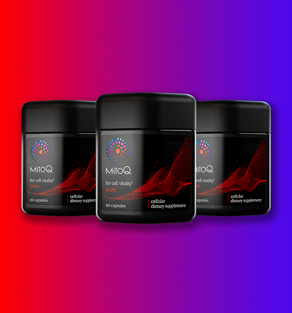 MitoQ pure triple pack supplement container with new tag on a gradient red to purple background