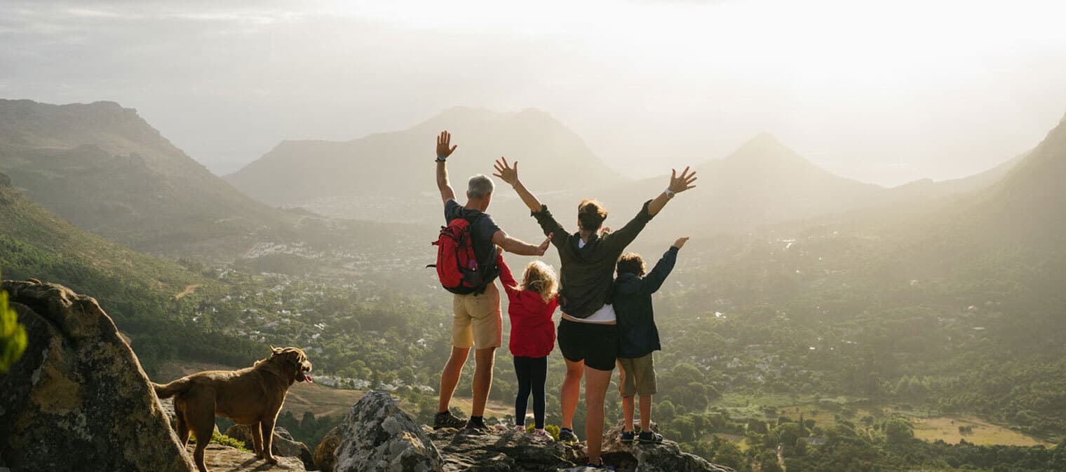 Family and dog hiking