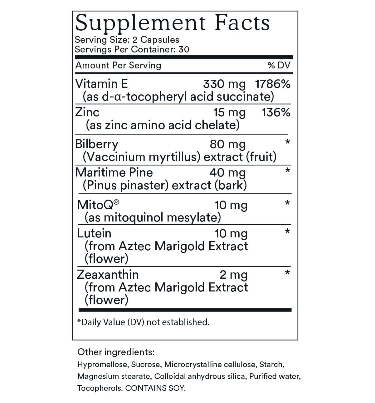 Supplement Facts label for MitoQ +eye