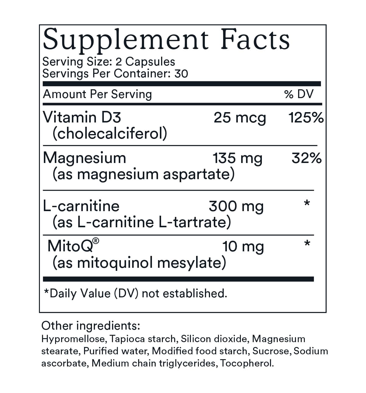 Supplement Facts label for MitoQ +heart