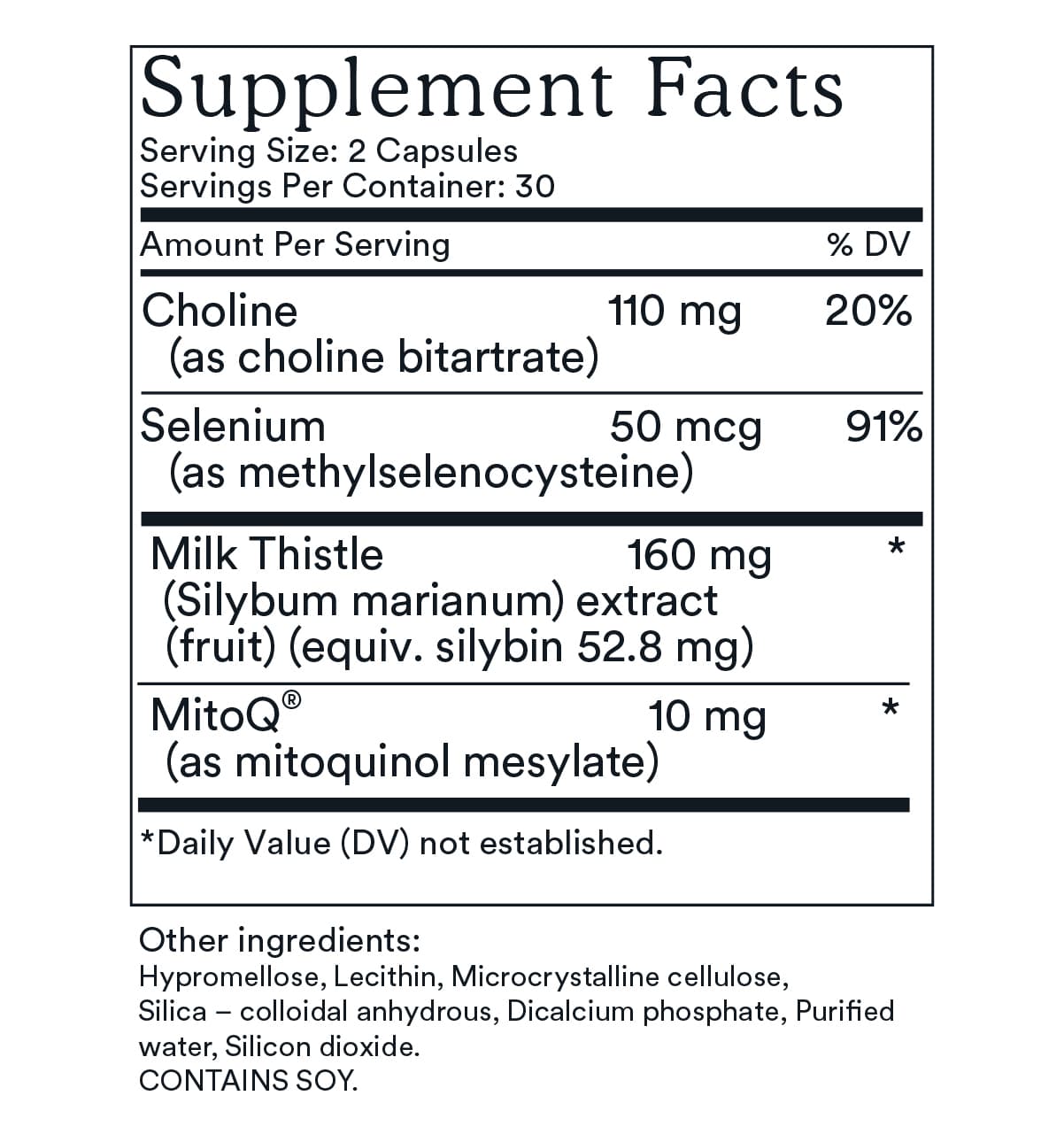 Supplement Facts label for MitoQ +liver