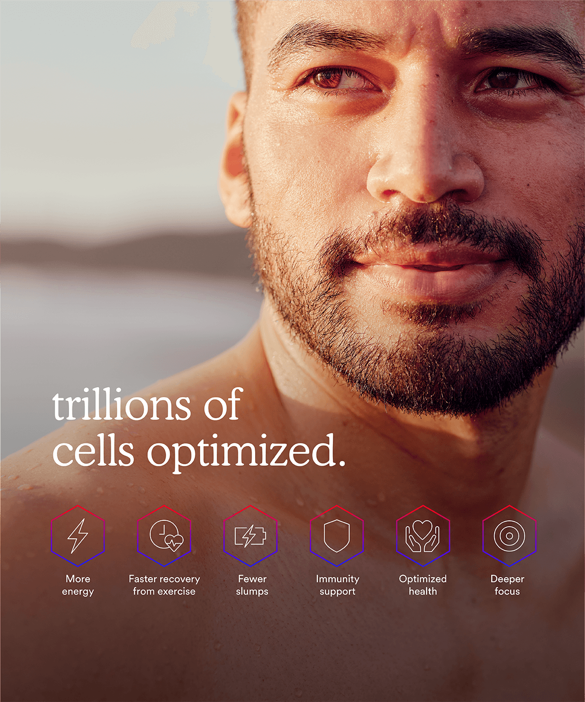 MitoQ trillions of cells optimized, more energy, faster recovery, fewer slumps, immunity support, deeper focus, optimized health