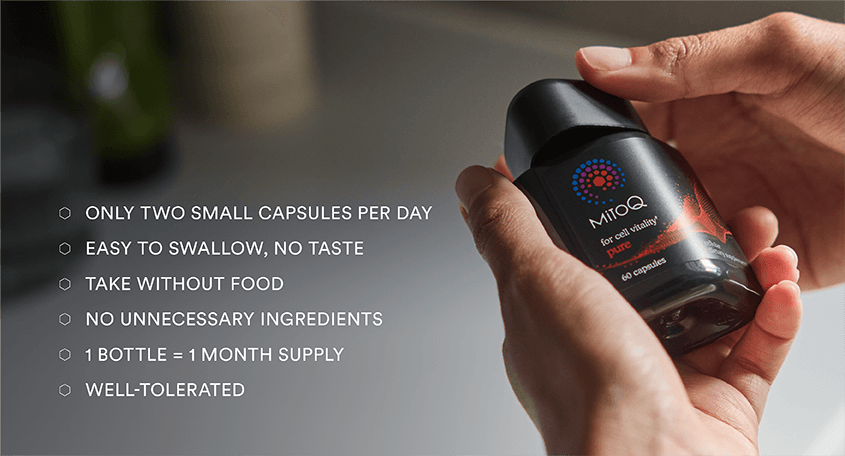 MitoQ pure directions on how to take, two capsules per day, easy to swallow, no taste, take without food, no unnecessary ingredients, well-tolerated