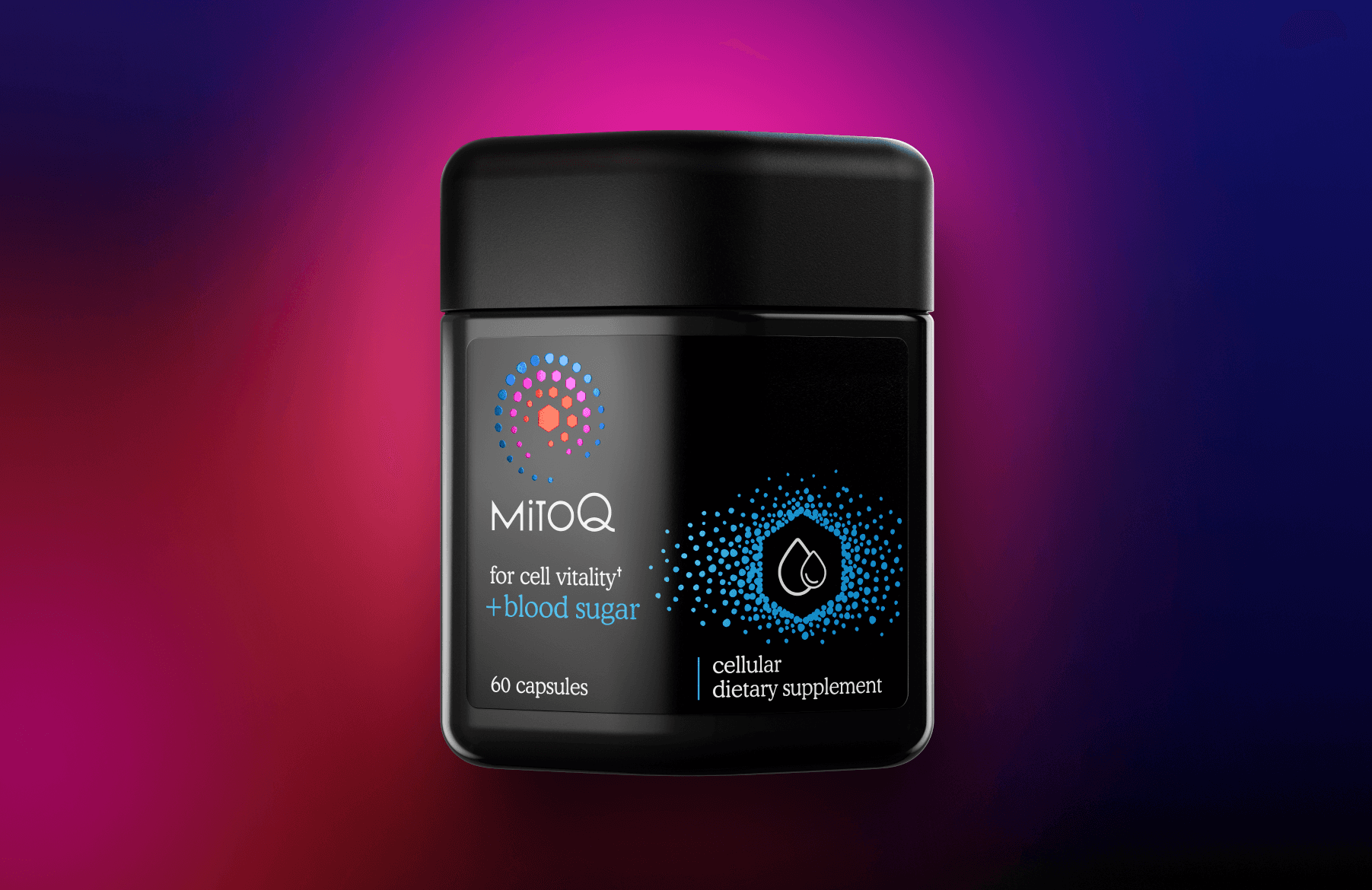 MitoQ +blood sugar on dark gradient background