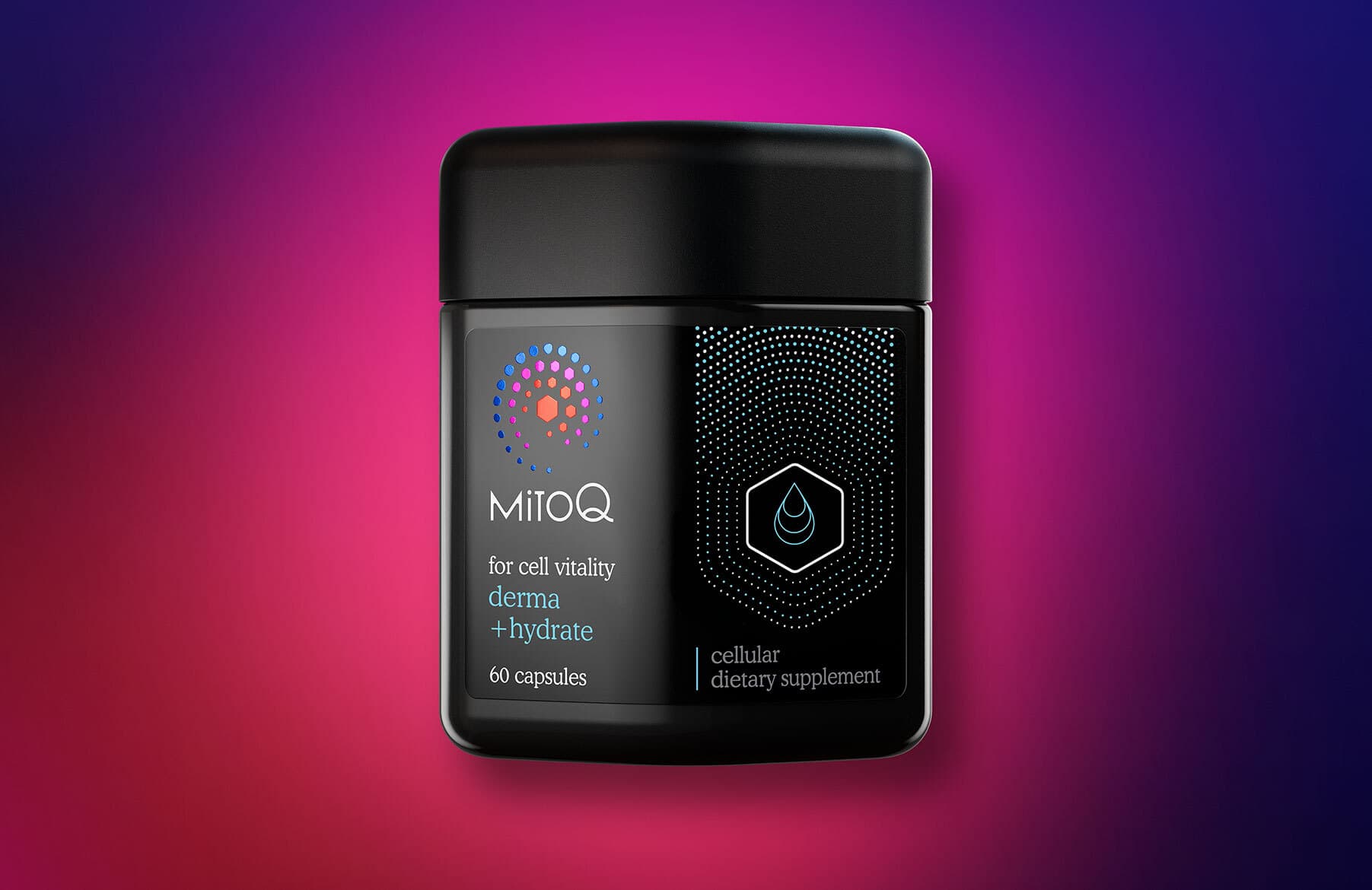 MitoQ derma +hydrate product image on dark gradient background