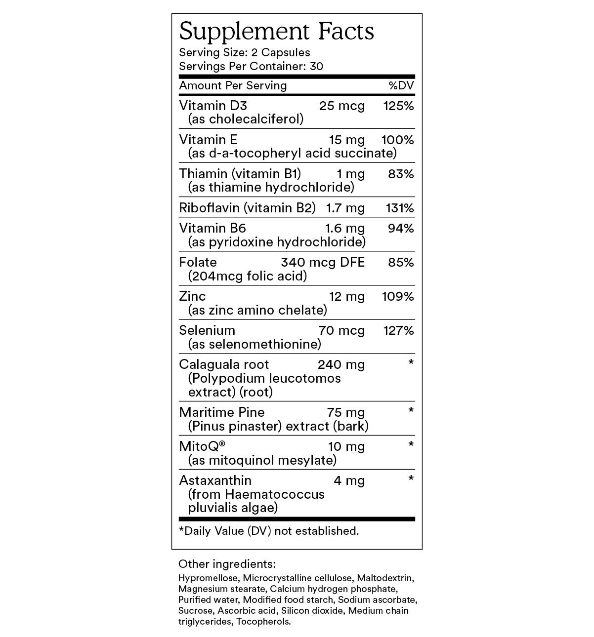 MitoQ derma +protect supplement facts label