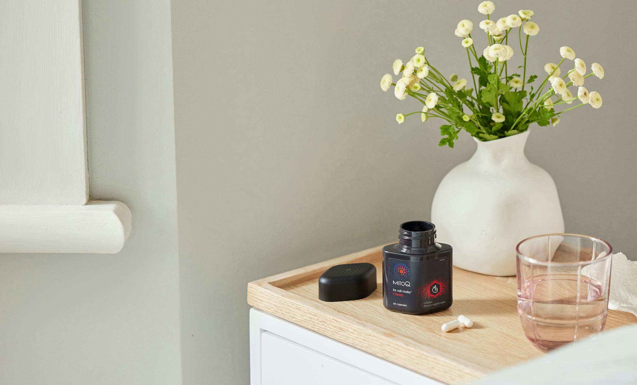 MitoQ +heart on bedside table