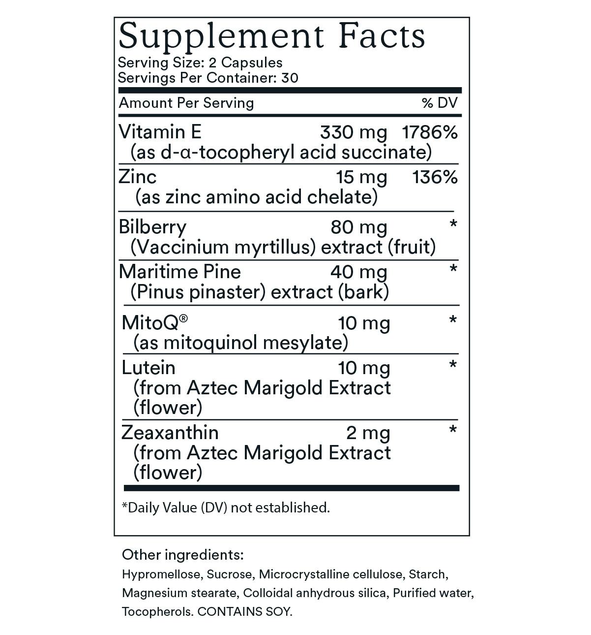 Supplement Facts label for MitoQ +eye