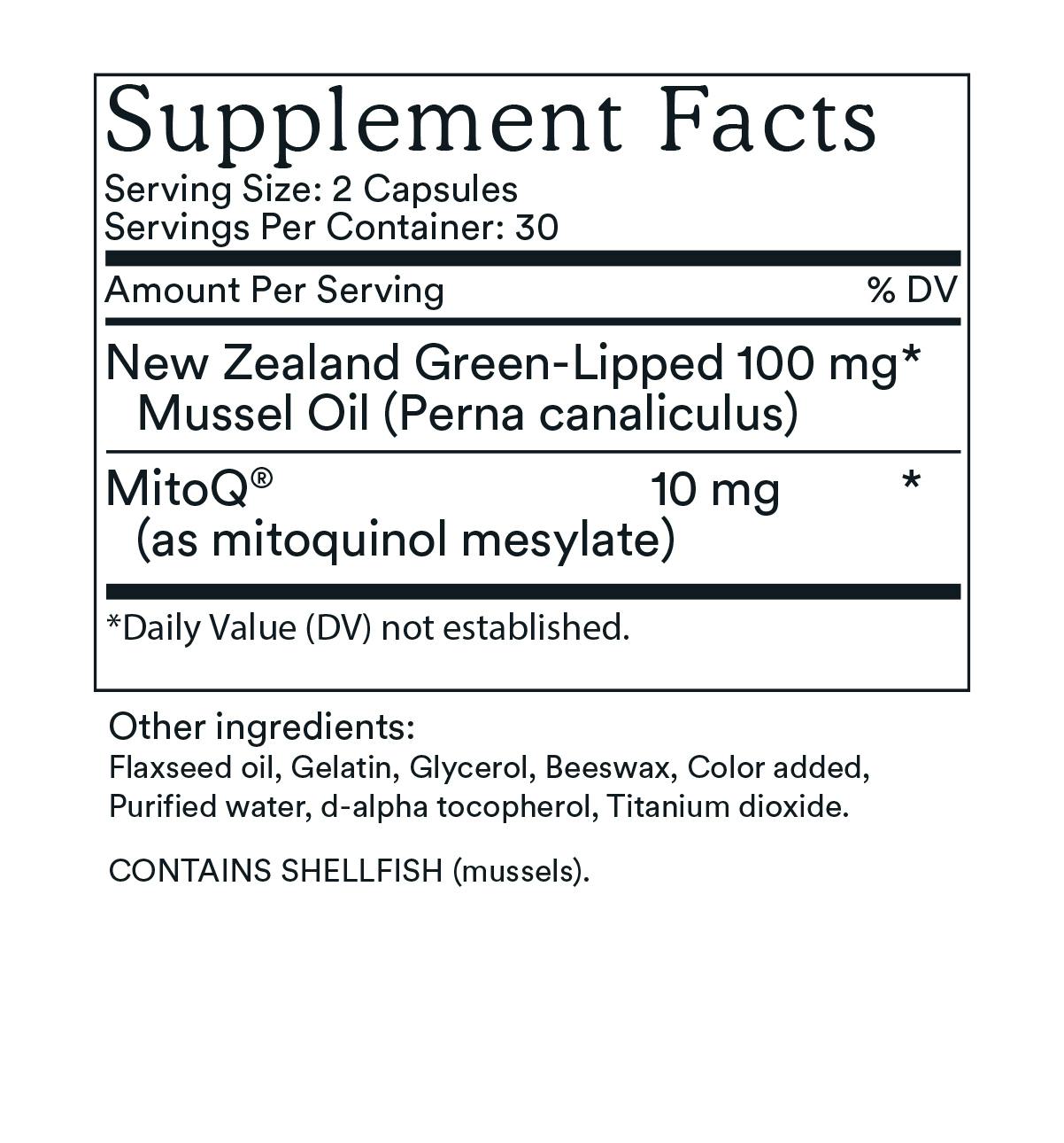 Supplement Facts label for MitoQ +joint