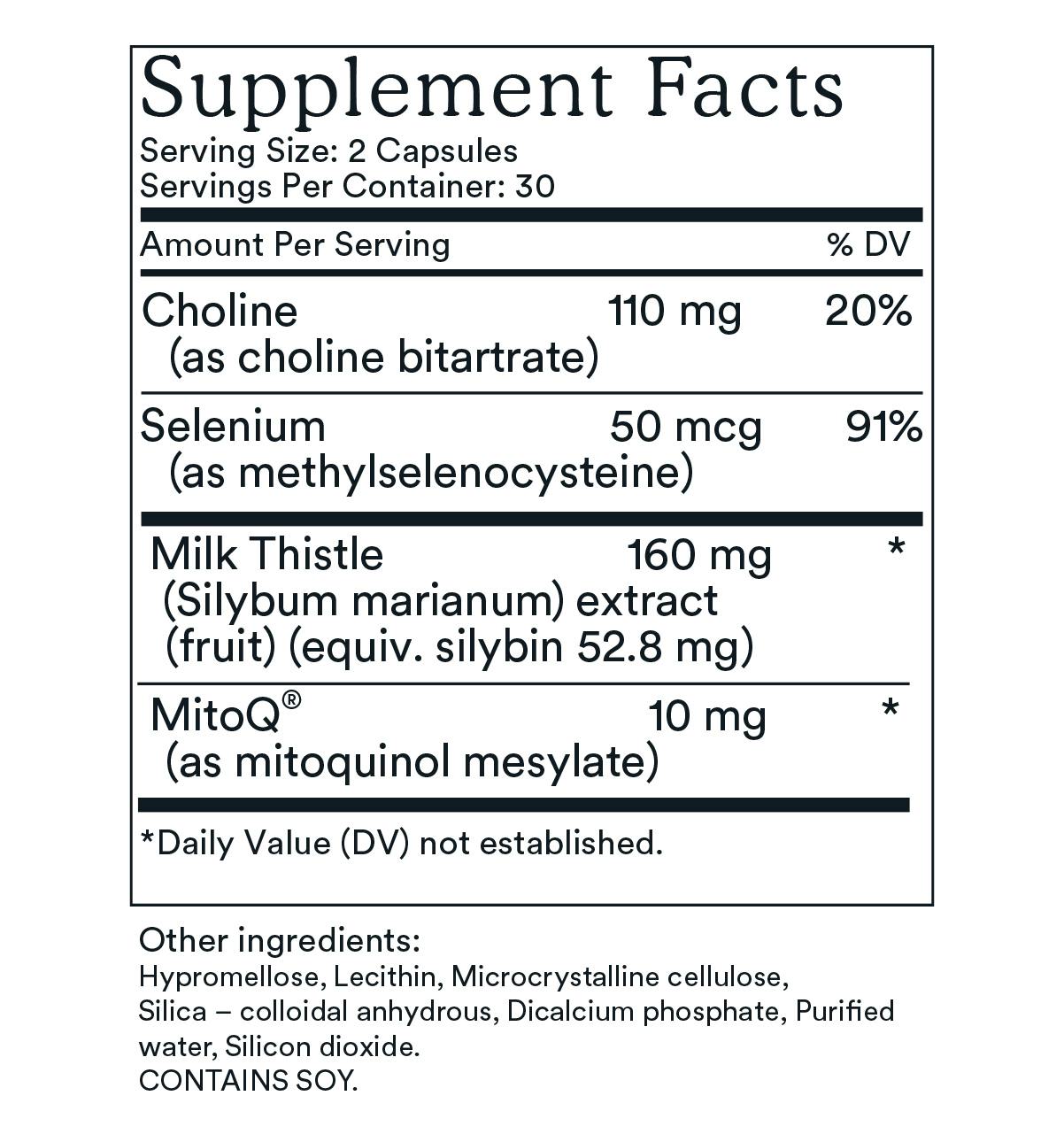 Supplement Facts label for MitoQ +liver