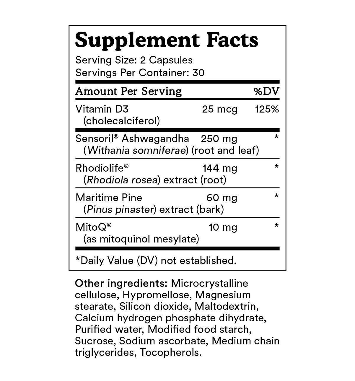MitoQ adrenal +balance supplement facts