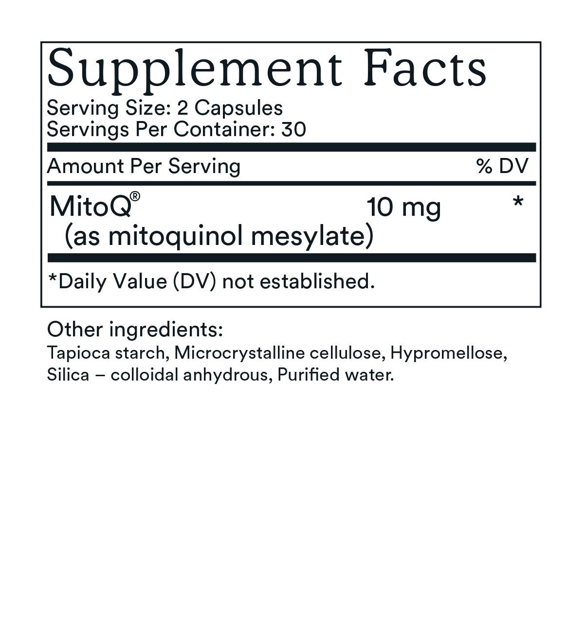 Supplement Facts label for MitoQ pure