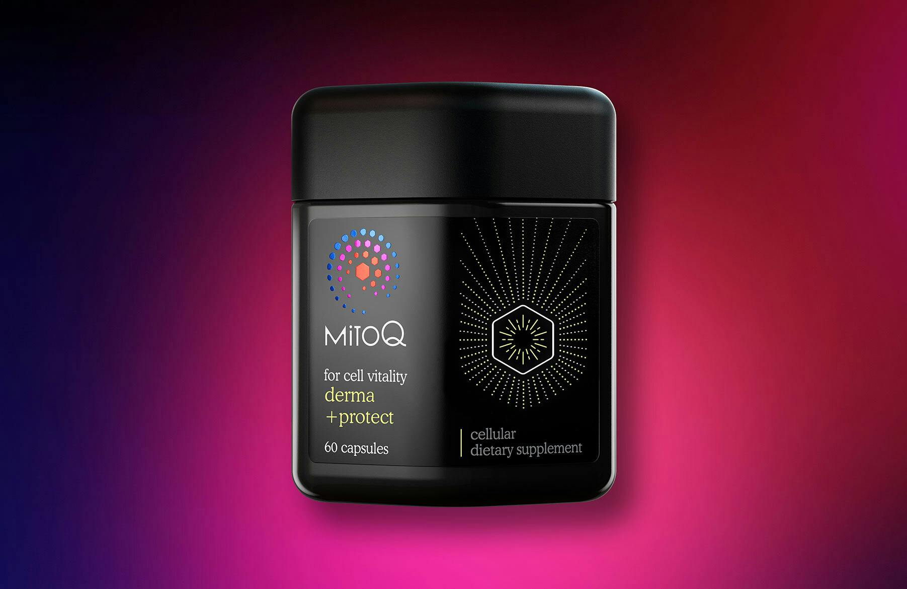 MitoQ derma + protect product image on dark gradient background