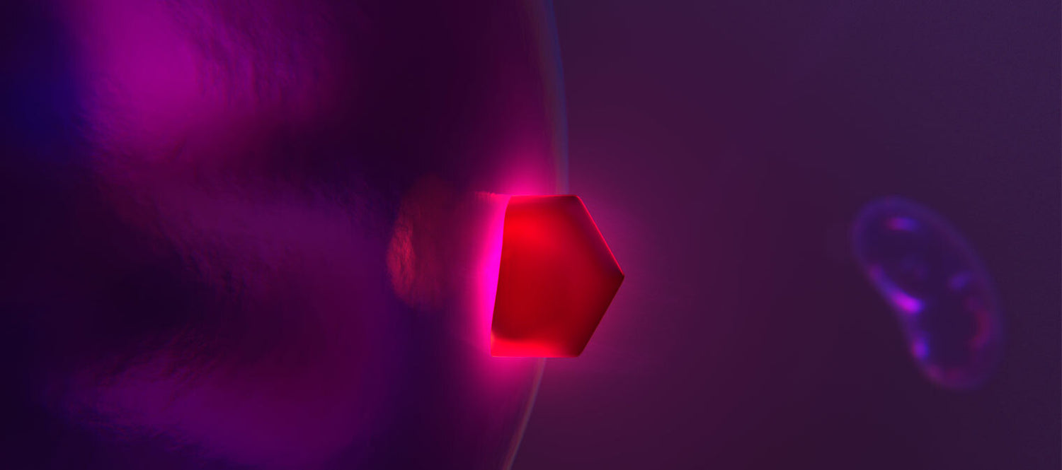 Close-up of a red hexagonal MitoQ Mitoquinol molecule entering a cell against a dark purple background