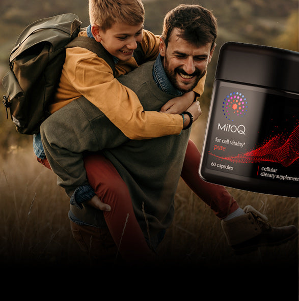 A man carrying a child on his back in an outdoor field, with a large black supplement bottle labeled MITOQ overlaid on the right side. The bottle has a black label with red and multicolor circular logo "MitoQ Pure"
