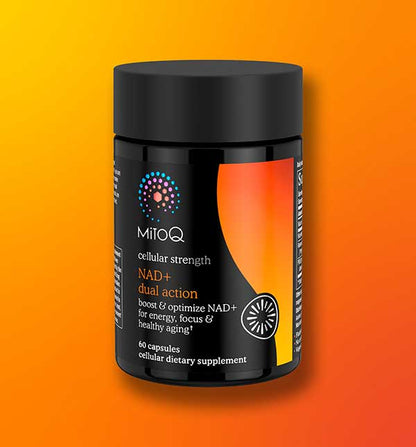MitoQ NAD+ dual action supplement container on an orange background