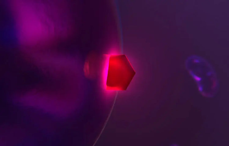 Red geometric shape representing MitoQ mitoquinol molecule entering the double cell membrane on a dark purple background