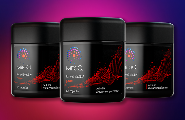 Three containers of MitoQ Pure supplement on a gradient purple and red background